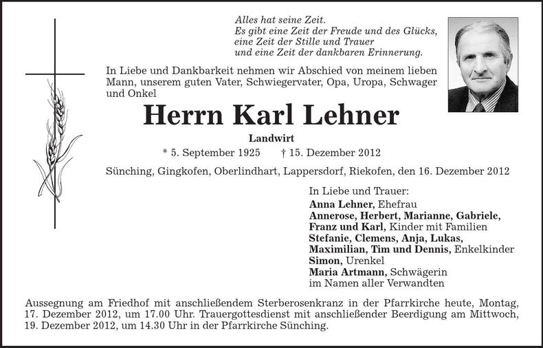 Traueranzeige Karl Lehner