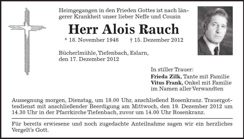 Traueranzeige Alois Rauch