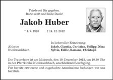 Traueranzeige Jakob Huber