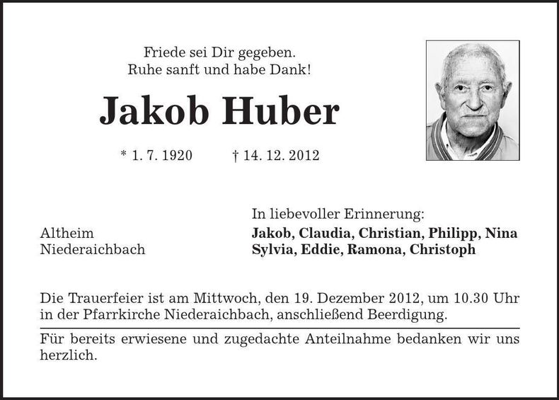 Traueranzeige Jakob Huber