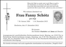 Traueranzeige Fanny Schötz