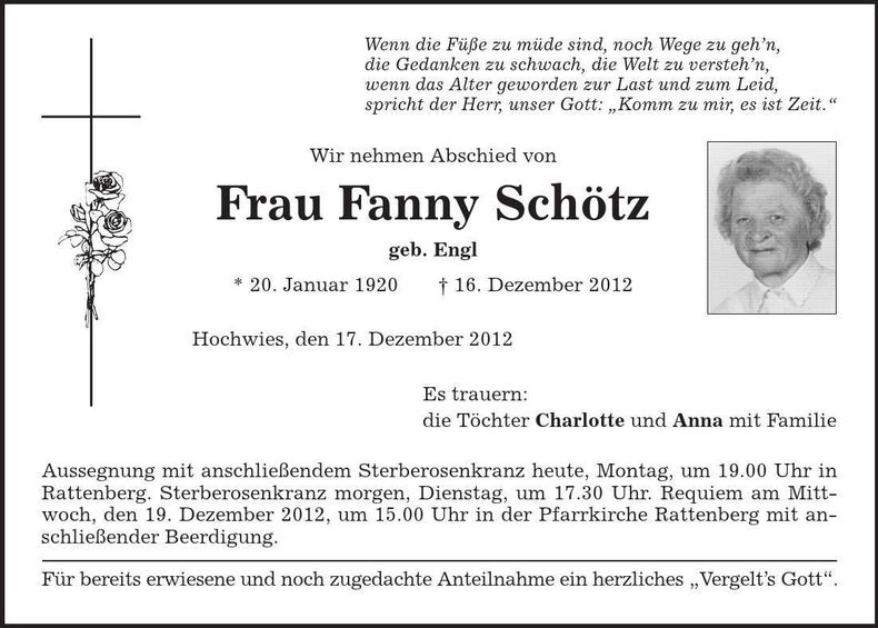 Traueranzeige Fanny Schötz
