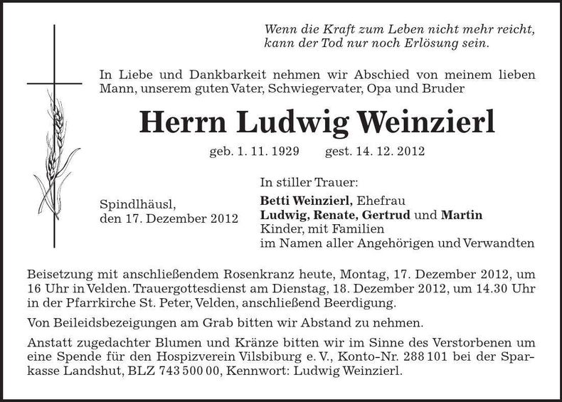 Traueranzeige Ludwig Weinzierl