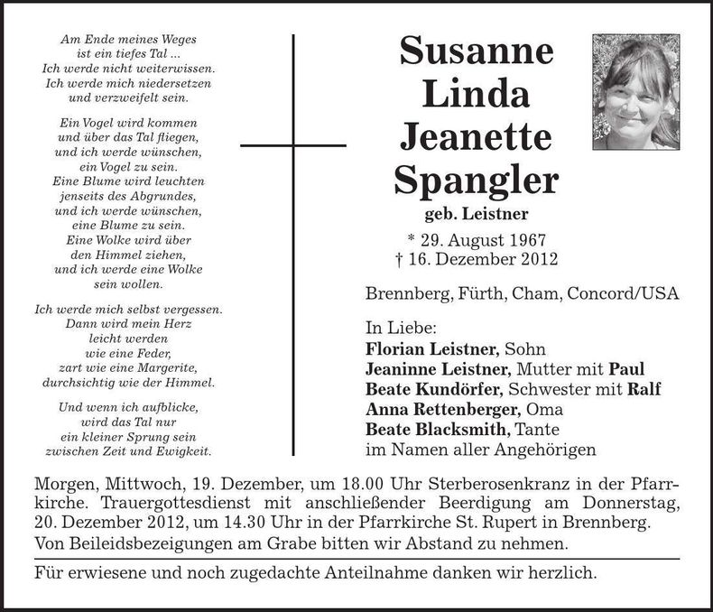 Traueranzeige Susanne Spangler