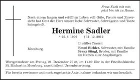 Traueranzeige Hermine Sadler