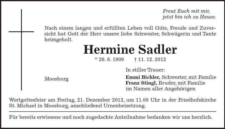 Traueranzeige Hermine Sadler