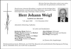 Traueranzeige Johann Weigl