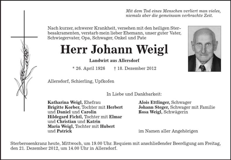 Traueranzeige Johann Weigl