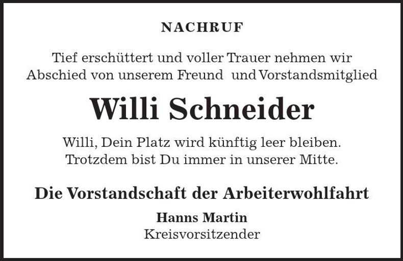 Traueranzeige Willi Schneider