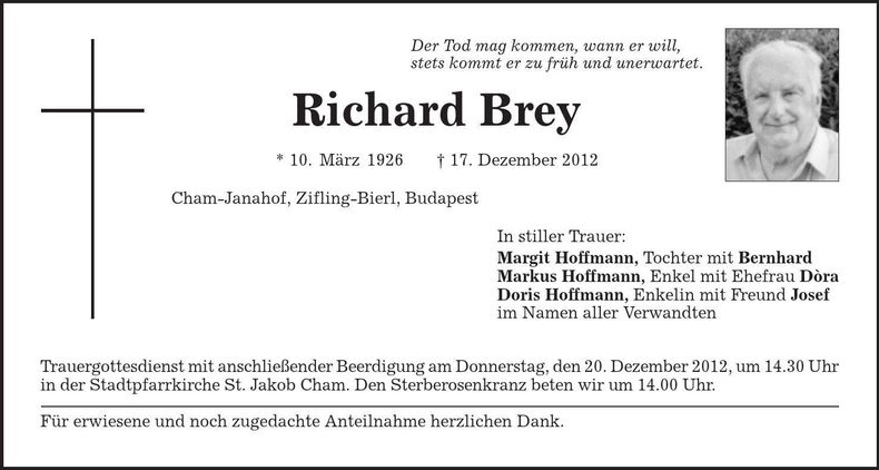 Traueranzeige Richard Brey