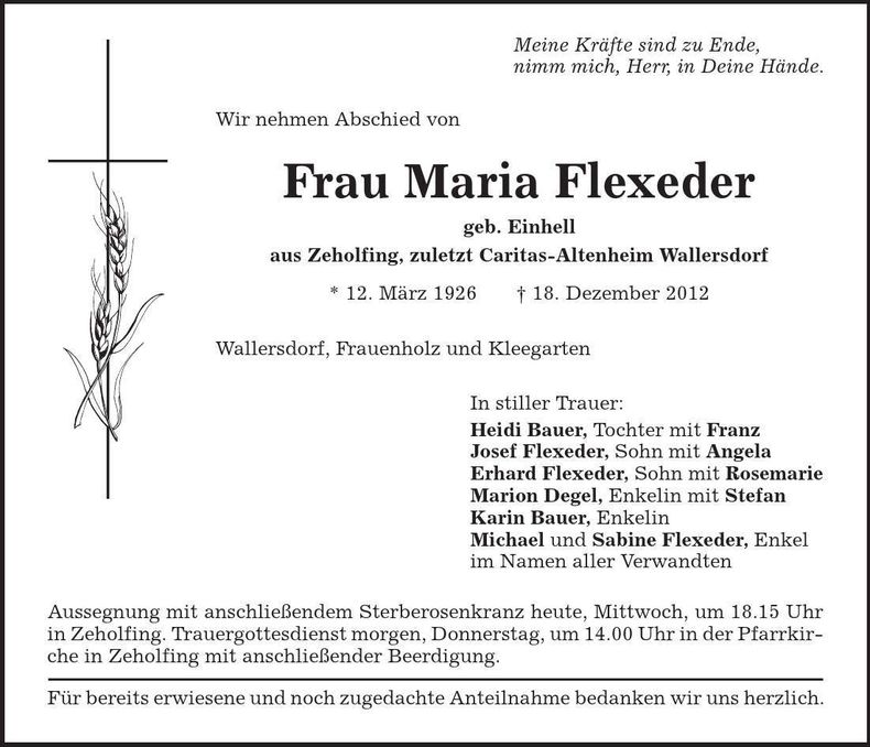 Traueranzeige Maria Flexeder