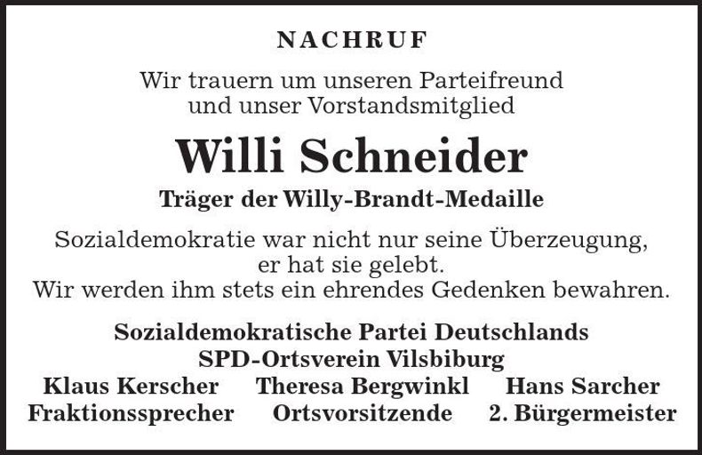 Traueranzeige Willi Schneider