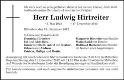 Traueranzeige Ludwig Hirtreiter