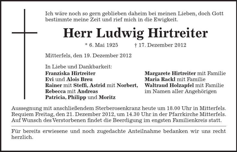 Traueranzeige Ludwig Hirtreiter