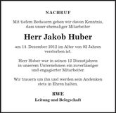 Traueranzeige Jakob Huber