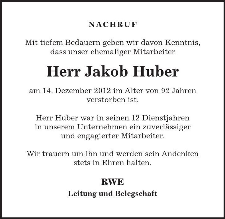 Traueranzeige Jakob Huber