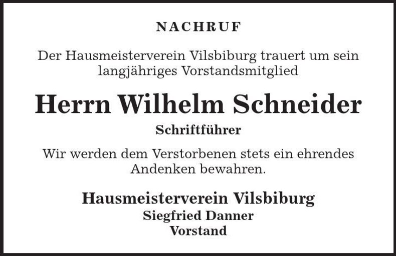 Traueranzeige Wilhelm Schneider