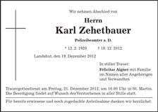 Traueranzeige Karl Zehetbauer