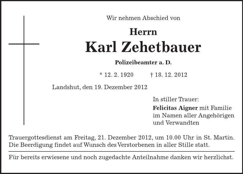 Traueranzeige Karl Zehetbauer