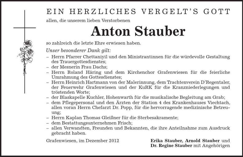 Traueranzeige Anton Stauber