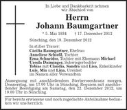 Traueranzeige Johann Baumgartner
