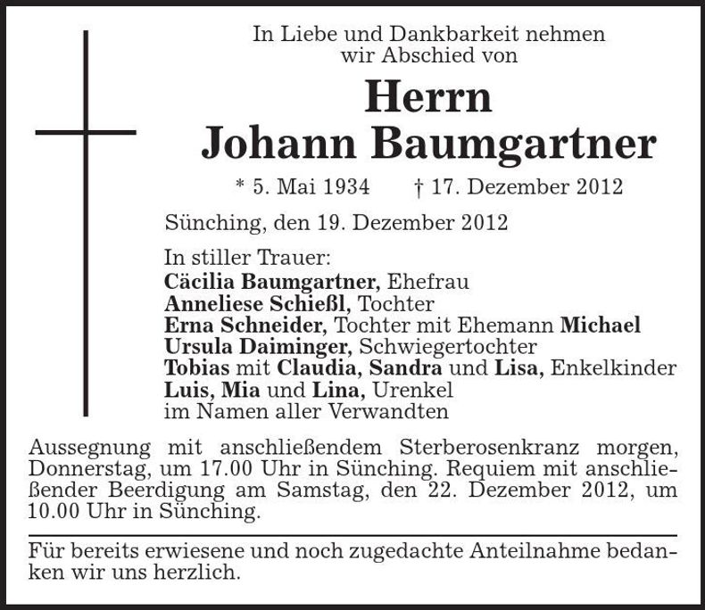 Traueranzeige Johann Baumgartner