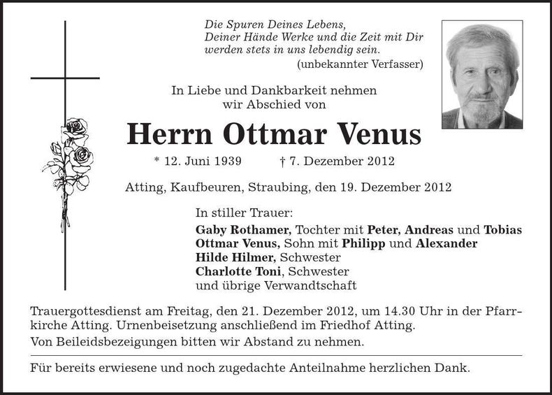 Traueranzeige Ottmar Venus