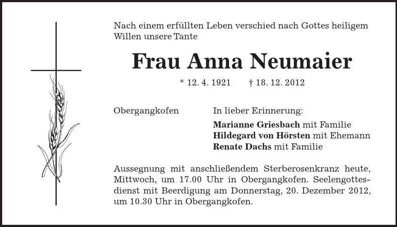 Traueranzeige Anna Neumaier
