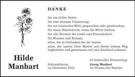 Traueranzeige Hilde Manhart