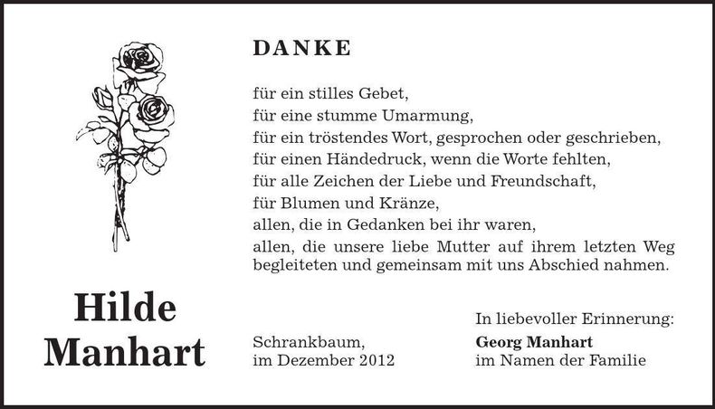 Traueranzeige Hilde Manhart