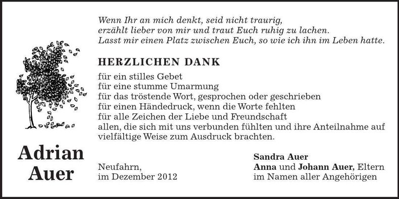 Traueranzeige Adrian Auer
