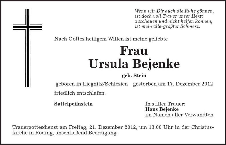 Traueranzeige Ursula Bejenke