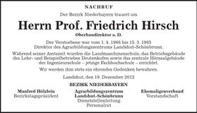 Traueranzeige Friedrich Hirsch