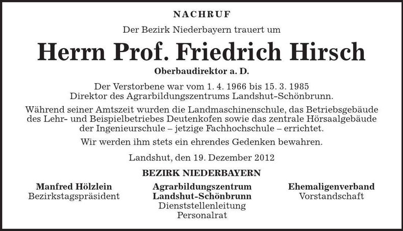 Traueranzeige Friedrich Hirsch