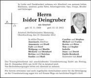 Traueranzeige Isidor Deingruber
