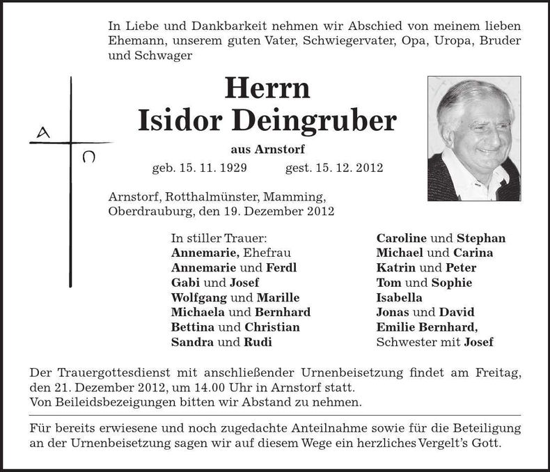 Traueranzeige Isidor Deingruber