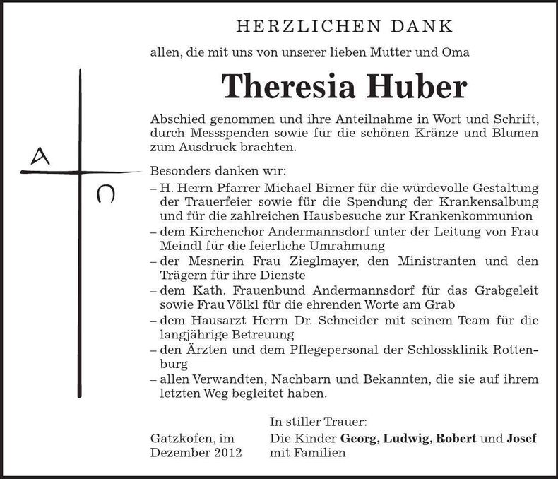Traueranzeige Theresia Huber