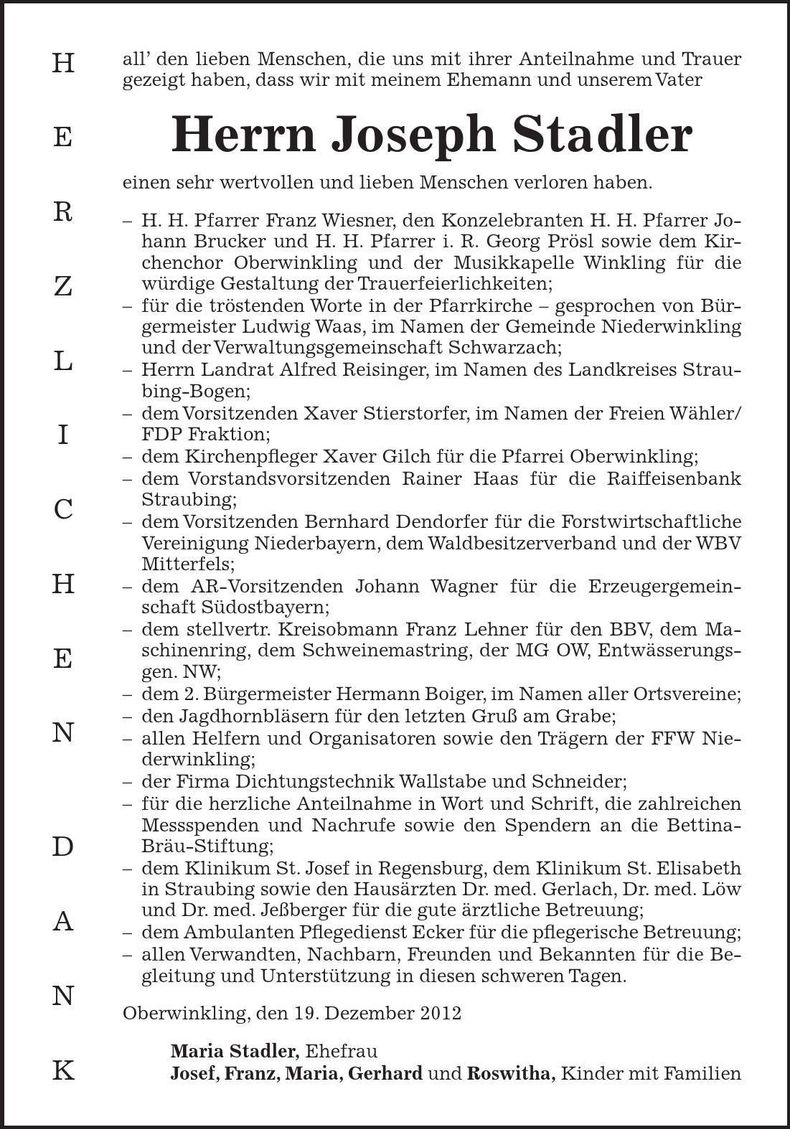 Traueranzeige Joseph Stadler