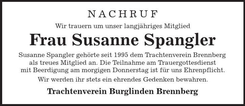 Traueranzeige Susanne Spangler