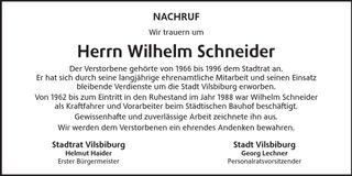 Traueranzeige Wilhelm Schneider