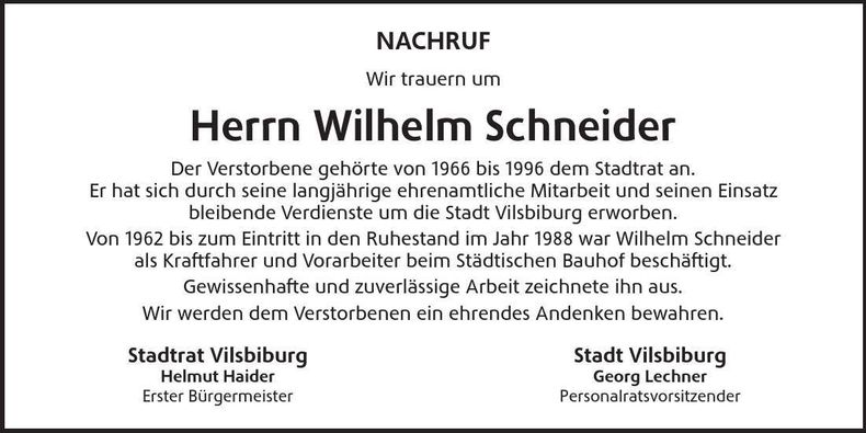 Traueranzeige Wilhelm Schneider