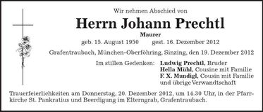 Traueranzeige Johann Prechtl
