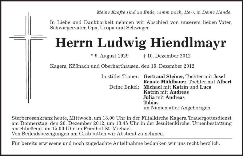 Traueranzeige Ludwig Hiendlmayr