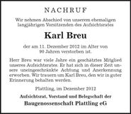 Traueranzeige Karl Breu