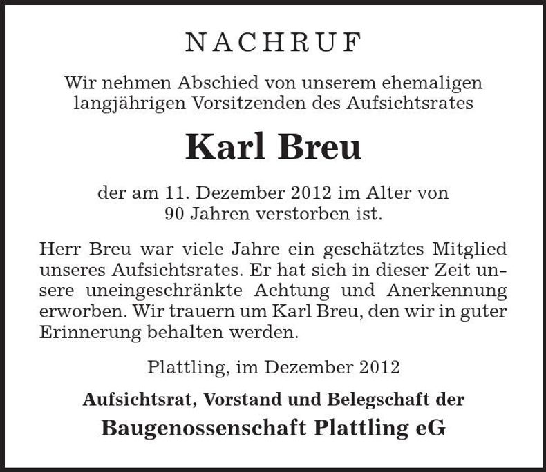 Traueranzeige Karl Breu