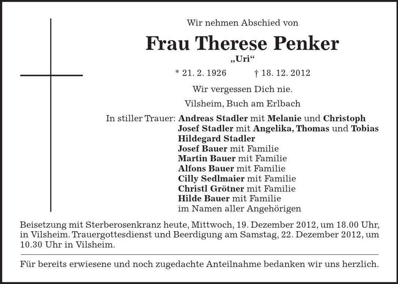 Traueranzeige Therese Penker