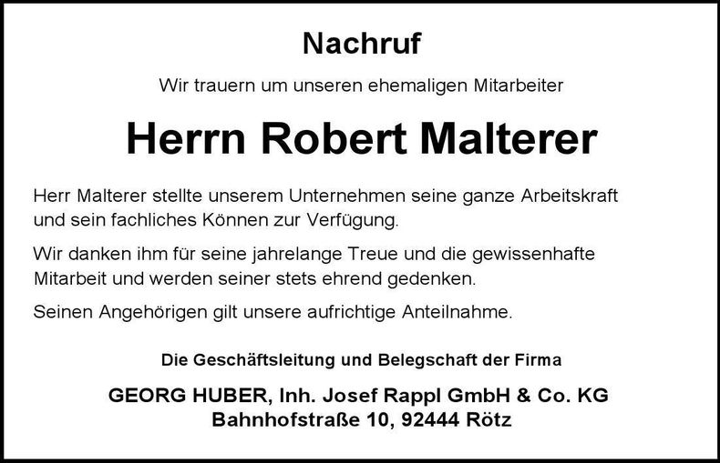Traueranzeige Robert Malterer
