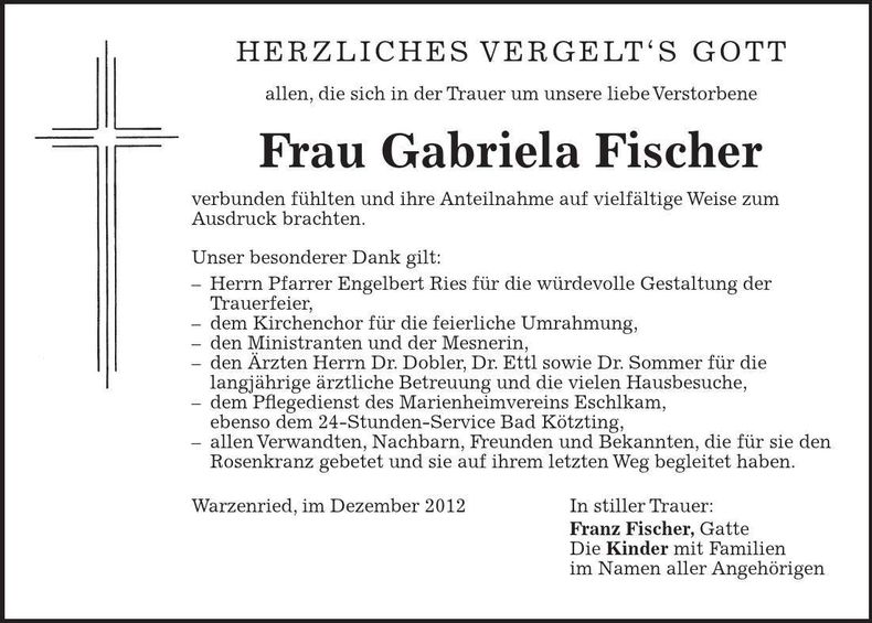 Traueranzeige Gabriela Fischer