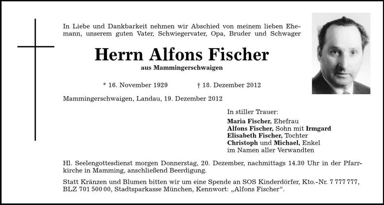 Traueranzeige Alfons Fischer