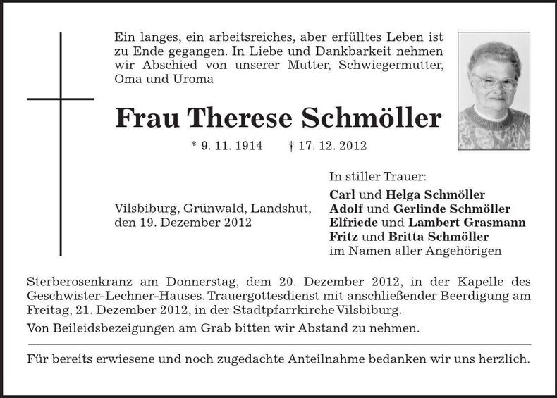 Traueranzeige Therese Schmöller